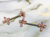 14G Rose Gold & Pink Sparkling Stones Cross Ends Nipple Barbells. Nipple Piercings. Nipple Rings. Nipple Jewelry